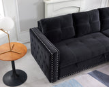 Sectional sofa with pulled out bed,  2 seats sofa and reversible chaise with storage, both hands with copper nail, BLACK, (91" x 64" x 37")