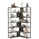 Silver+Grey 7-Tier Bookcase Home Office Bookshelf,  L-Shaped Corner Bookcase with Metal Frame, Industrial Style Shelf with Open Storage, MDF Board