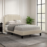 Modern Linen Curved Upholstered Platform Bed , Solid Wood Frame , Nailhead Trim, Beige (Full)