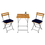 Solid Teak Wood Bistro Set Folding Table And Chair Set Power Coating Frame Patio Set With Waterproof Navy Cushion