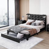 Upholstered Storage Bed with Two Wireless Chargers and Motion Activated Night Light,Queen Size PU Platform Bed with a Big Drawer,Black