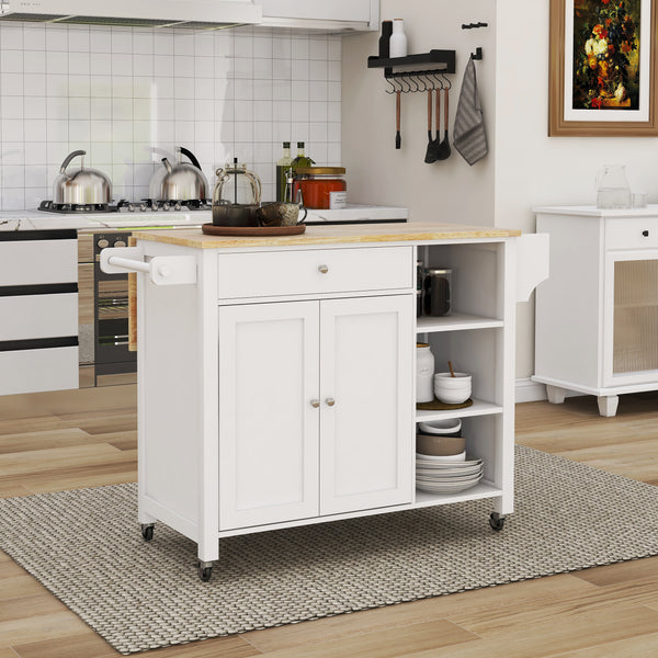 Double Door Kitchen Island with Lockable Wheels, Towel Rack, Storage Drawer and Three Open Shelves