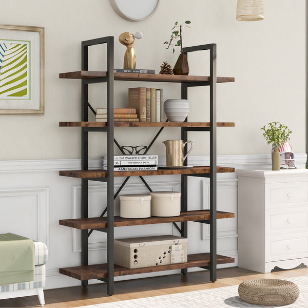 5-tier Industrial Bookcase with Rustic Wood and Metal Frame, Large Open Bookshelf for Living Room（Distressed Brown）