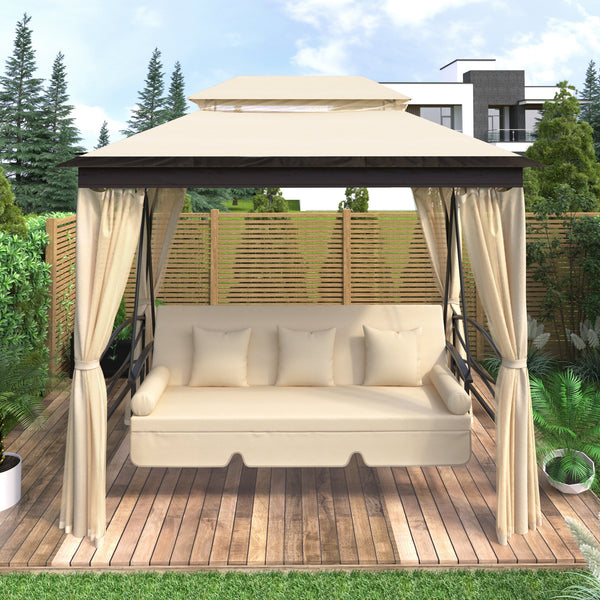 Beige Outdoor Gazebo with Convertible Swing Bench, Double Roof Soft Canopy