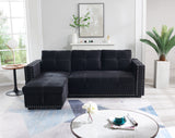 Sectional sofa with pulled out bed,  2 seats sofa and reversible chaise with storage, both hands with copper nail, BLACK, (91" x 64" x 37")