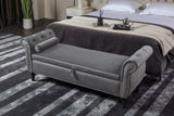 Grey Velvet Multifunctional Storage Rectangular Sofa Stool Buttons Tufted Nailhead Trim