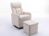 New Cotton Linen Fabric Material Swivel Rocking Accent Leisure Chair With Folding Or Storage Ottoman Footrest,Cream White