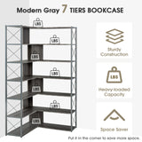 Silver+Grey 7-Tier Bookcase Home Office Bookshelf,  L-Shaped Corner Bookcase with Metal Frame, Industrial Style Shelf with Open Storage, MDF Board