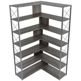 Silver+Grey 7-Tier Bookcase Home Office Bookshelf,  L-Shaped Corner Bookcase with Metal Frame, Industrial Style Shelf with Open Storage, MDF Board