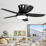 46 Inch Black Flush Mount Ceiling Fan with Light and Remote Control, Low Profile Ceiling Fan with 5 blades, 3 Light Color, 6 Speeds for Living Room, Bedroom, Children room, Matte Black