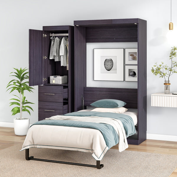 Twin Size Murphy Bed with Wardrobe and Drawers, Storage Bed