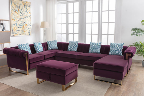 Purple Velvet 7-Seater Sectional Sofa with Reversible Chaise and Storage Ottoman