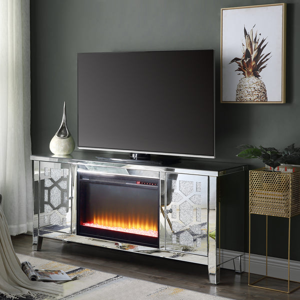 Silver TV STAND W/FIREPLACE Mirrored & Faux Diamonds