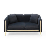 Modern Black Velvet Loveseat Sofa, Side Pocket Mid-Century Tufted, Gold Metal Legs