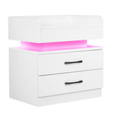 Nightstand with 2 Drawers,USB Charging Ports and Remote Control LED Light-White