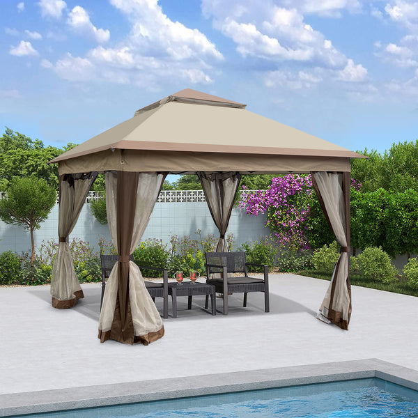 Coffee Outdoor 11' x 11' Pop Up Gazebo Canopy With Removable Zipper Netting