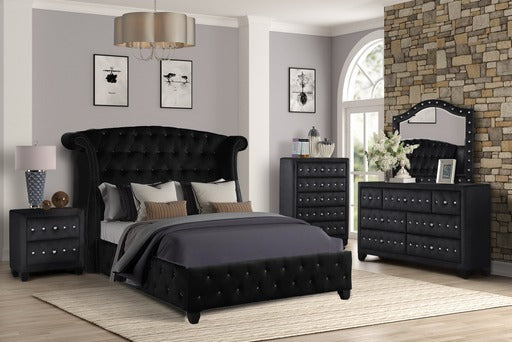 Queen 4 Piece Upholstered Bedroom Set Made With Wood in Black