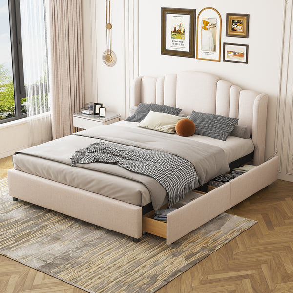 Queen Upholstered Platform Bed with Wingback Headboard and 4 Drawers