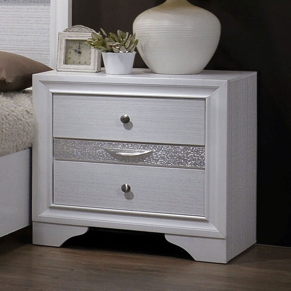 Contemporary Nightstand White Finish Silver Accents