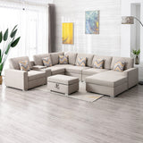 Beige Linen Fabric 8Pc Reversible Sectional Sofa