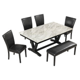 6-piece Dining Table Set with 1 Faux Marble Top Table,4 Upholstered Seats and 1 Bench, Table