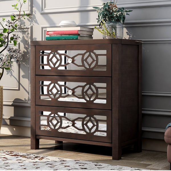 Wooden Storage Cabinet with 3 Drawers and Decorative Mirror, Natural Wood (Espresso)
