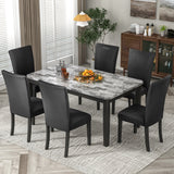 7-piece Dining Table Set with 1 Faux Marble Top Table and 6 Upholstered-Seats