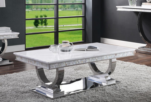 Coffee Table, White Printed Faux Marble & Mirrored Silver Finish