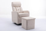 New Cotton Linen Fabric Material Swivel Rocking Accent Leisure Chair With Folding Or Storage Ottoman Footrest,Cream White