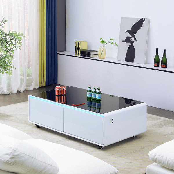 Smart Table Fridge, Multifunctional Coffee Table, Tempered Glass Table Top and Back Storage