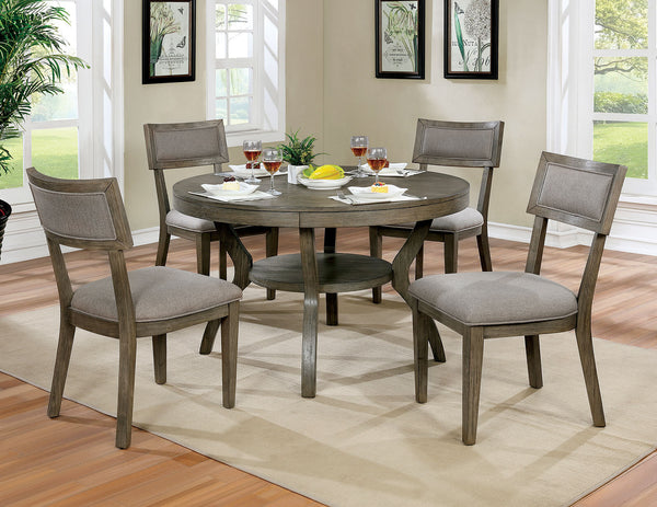 Rustic Grey Solid wood 5pc Dining Set Round Dining Table w Shelf And 4sx Side Chairs Dining Room Furniture Fabric Upholstered Seat