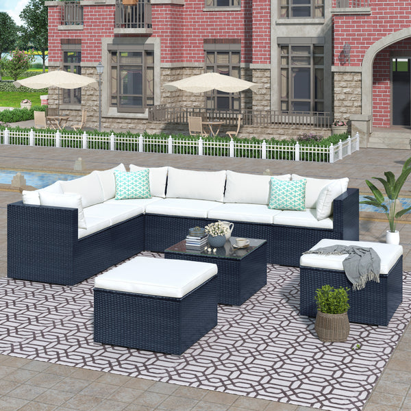 9-piece Outdoor Patio PE Wicker Rattan conversation Sectional Sofa sets with 3 sofa, 3 corner sofa, 2 ottomans, and 1 glass coffee table, removable soft cushions (Black wicker, Beige cushion)